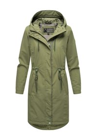 Olijfgroene lange jas met een capuchon, taille met trekkoord, ritsluiting en drukknoopjes, gemaakt van een glad, waterafstotend materiaal.