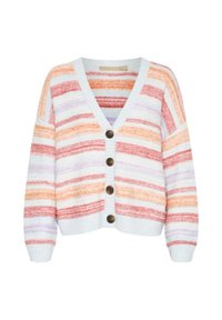 Cardigan rayé dans des couleurs pastel, avec un col en V, des manches longues et cinq grands boutons marron sur le devant. Texture tricot douce.
