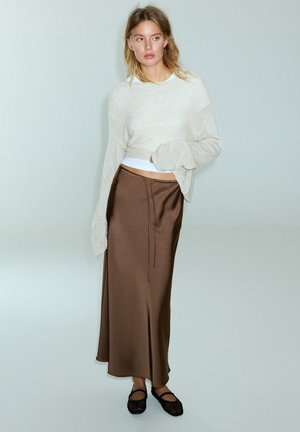 PULL&BEAR, SATIN WITH DRAWSTRING - MIDI SKIRT - Jupe trapèze - dark brown