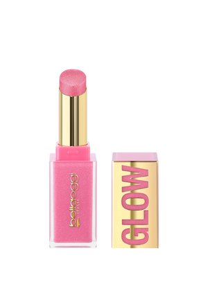 Rossetto rosa glitter con custodia dorata e rosa, un tubetto aperto che mostra il prodotto e il tappo accanto con la parola "GLOW" in lettere rosa.