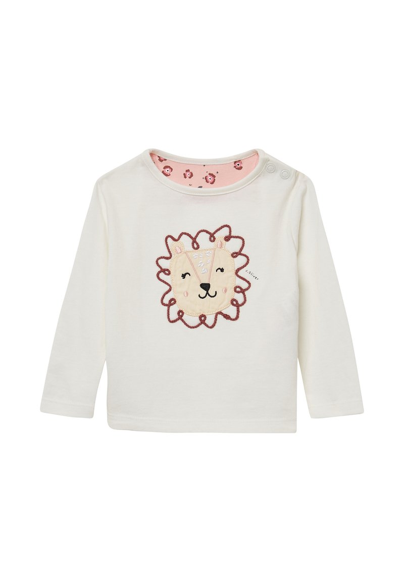 Creme shirt met lange mouwen en een leeuwengezicht ontwerp, met een roze omlijning en geborduurde details. De binnenkant van de hals is bedrukt met kleine dieren.