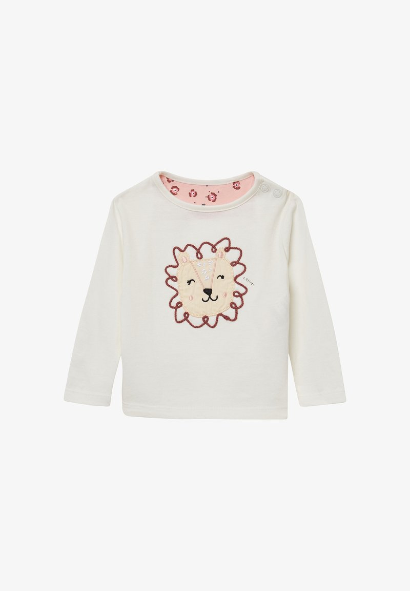 Creme shirt met lange mouwen en een leeuwengezicht ontwerp, met een roze omlijning en geborduurde details. De binnenkant van de hals is bedrukt met kleine dieren.