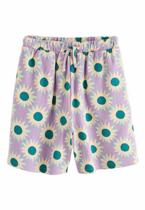 Lawendowe szorty z elastycznym pasem i troczkiem, pokryte dużymi kremowo-niebieskozielonymi wzorami słonecznika.
