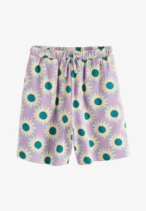 Levendulalila rövidnadrág elasztikus derékrésszel és húzózsinórral, nagy krém és türkiz napraforgómintákkal díszítve.