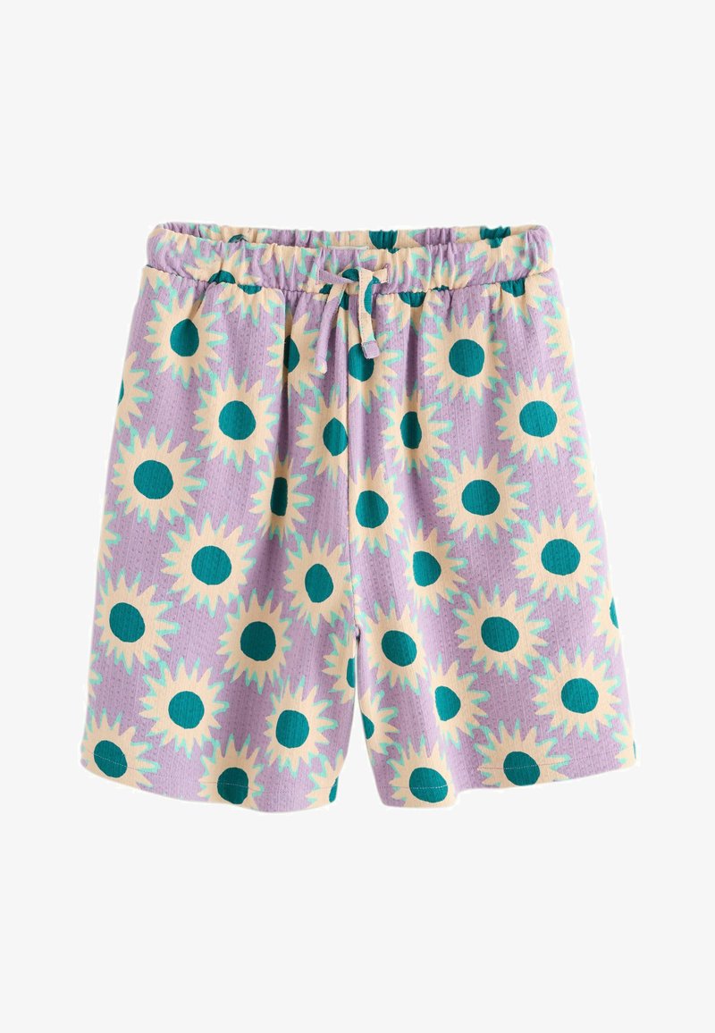 Shorts lavande avec taille élastique et cordon, couverts de grands motifs tournesol crème et bleu sarcelle.