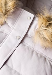 Doudoune gris clair avec capuche en fourrure, dotée de boutons-pression et d'un motif matelassé. La fourrure beige est bien visible, avec des brins doux et légers.