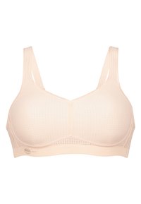 Light beige sports bra with a perforated texture, adjustable straps, and soft seams. Designed for comfort and support during physical activity.