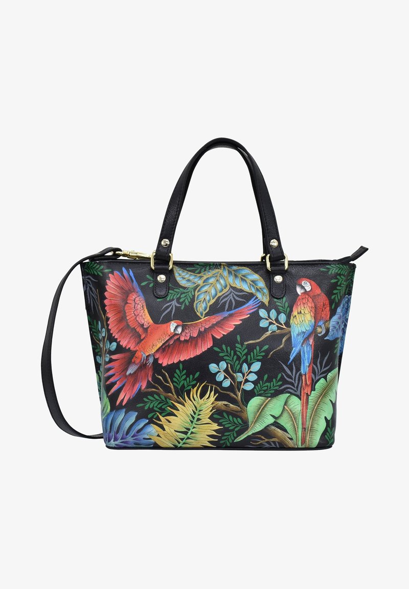 Schwarze Tote-Tasche mit buntem Papageien- und Blattmuster, ausgestattet mit Ledergriffen, goldenen Beschlägen und einer strukturierten Form.
