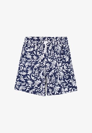 Shorts de bain navy en tissu léger avec un motif floral blanc, taille à cordon de serrage et fentes sur les côtés pour faciliter les mouvements.