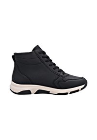 Black high-top sneakers made of textured leather, featuring a lace-up front, cushioned white sole, and black rubber accents.