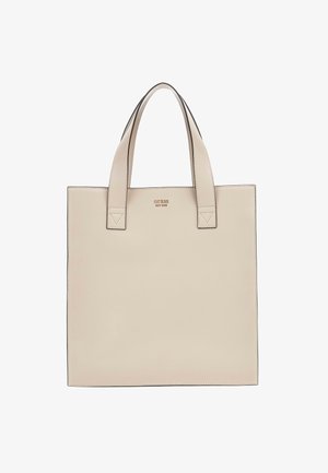 Beige rektangulær lædertaske med dobbelte skulderstropper og lille guldfarvet "GUESS" logo prægning øverst i midten.