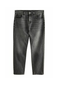 Donkergrijze denim jeans in een relaxte pasvorm, met vijf zakken, subtiele vervaging en contrasterende stiksels. Metalen knoop- en ritsluiting.
