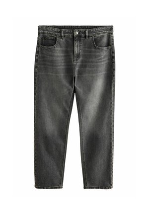 Jeans in denim grigio scuro con una vestibilità comoda, cinque tasche, leggera scoloritura e cuciture a contrasto. Chiusura con bottone metallico e zip.