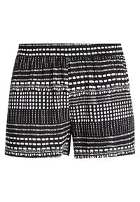 Costumi da bagno neri con un motivo a fantasia composto da pois e linee bianche. Vita elastica e lunghezza al di sopra del ginocchio per maggiore comfort.