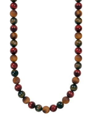 Halskette mit runden Perlen in wechselnden Farben Dunkelgrün, Bordeaux und Beige, angeordnet in einer einzigen Reihe.