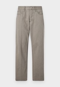 Gray denim trousers with a straight-leg cut, featuring a button closure, front pockets, and subtle stitching details. No patterns or distressing.