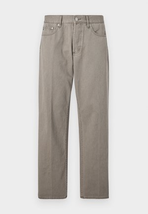 Gray denim trousers with a straight-leg cut, featuring a button closure, front pockets, and subtle stitching details. No patterns or distressing.