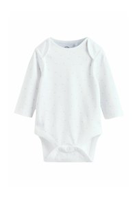 Valge pika varrukaga beebi bodi helesiniste täppidega. Valmistatud pehmest puuvillast; on ümar kaelus ja alumised klõpskinnitused.