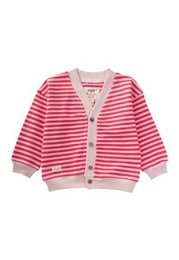 Pasiasty kardigan w kolorze różowym i jasnoróżowym, z dekoltem w serek, ściągaczami przy mankietach oraz czterema drewnianymi guzikami. Metka na dole po lewej stronie. Miękki materiał.
