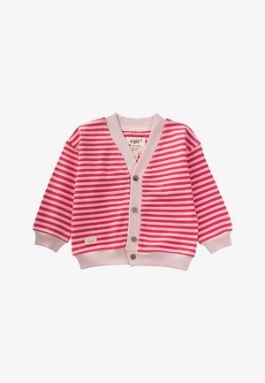 Gestreifter Cardigan in Pink und Hellpink, mit V-Ausschnitt, gerippten Bündchen und vier Holzknöpfen. Etikett unten links. Weiches Material.