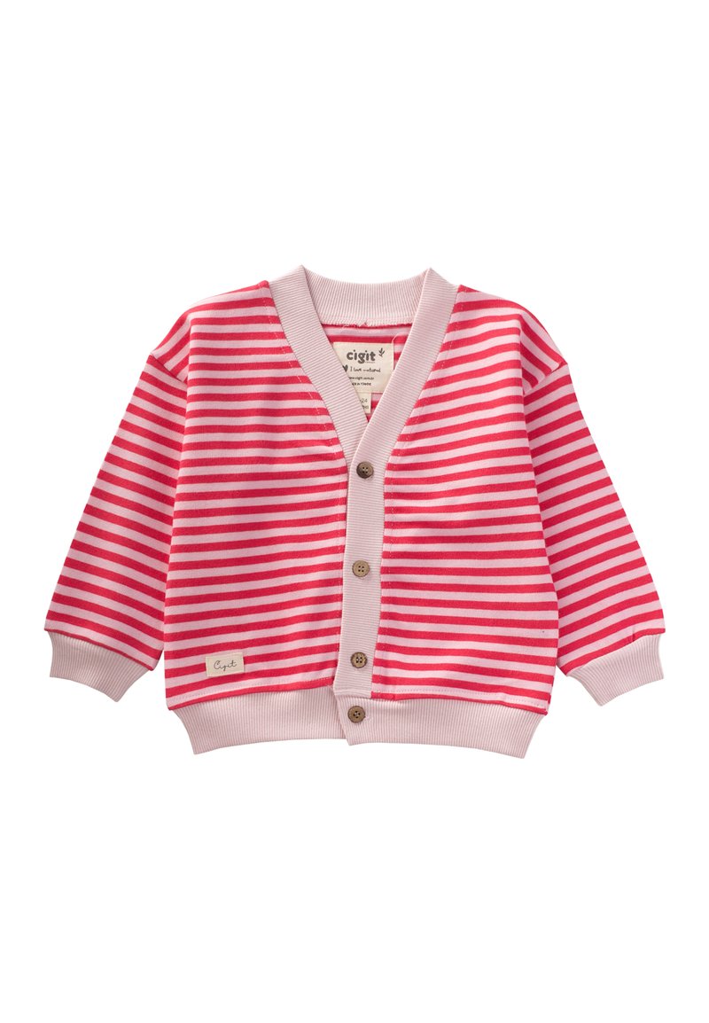 Pasiasty kardigan w kolorze różowym i jasnoróżowym, z dekoltem w serek, ściągaczami przy mankietach oraz czterema drewnianymi guzikami. Metka na dole po lewej stronie. Miękki materiał.