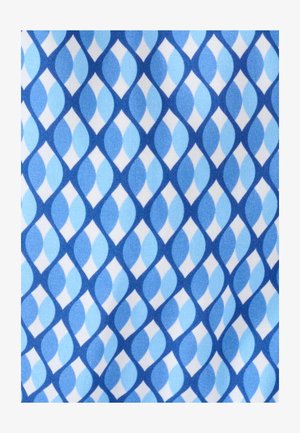 Katoenstof met een geometrisch patroon van in elkaar grijpende licht- en donkerblauwe ovalen op een witte achtergrond.