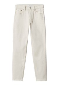 Jean en denim crème à jambes droites, avec bouton frontal, cinq poches, passants pour ceinture et étiquette de marque visible à l'intérieur de la ceinture.