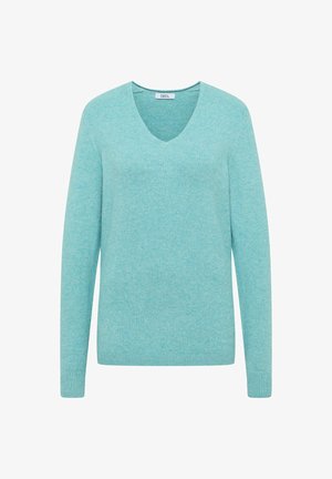 Maglione a V in azzurro chiaro, realizzato in morbido materiale a maglia, con maniche lunghe e polsini a coste. Nessun motivo o decorazione visibile.