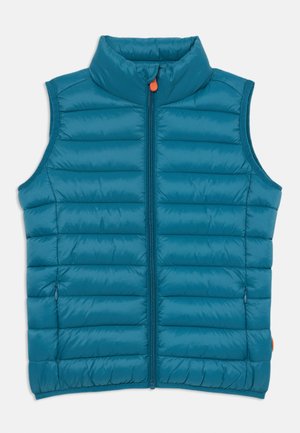 Teal opblaasbare vest met hoge kraag, horizontale stiksels, voorrits en twee zijzakken, met een oranje ritstrekkertje.
