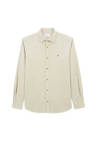Chemise beige clair à manches longues en tissu doux avec un devant boutonné, une poche poitrine simple et des boutons beige, présentant une texture subtile.