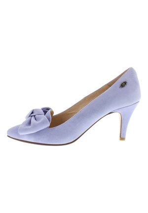 Suede, light purple high-heeled shoe with a pointed toe, decorated with a knotted bow on the front and a slender, gold-accented heel.