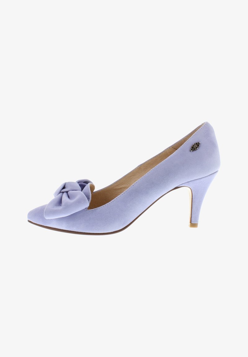 Wildleder, helllila High-Heel-Schuh mit spitzer Zehenform, verziert mit einer geknoteten Schleife an der Vorderseite und einem schlanken, goldakzentuierten Absatz.