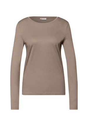 Beige T-shirt met lange mouwen, gemaakt van zachte, gladde stof; heeft een ronde hals en een aangesloten pasvorm met minimale stikdetails.