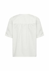 Vedere din spate a unei bluze albe cu mâneci scurte, cu o pieptătură și detaliu de material adunat pentru o croială lejeră.