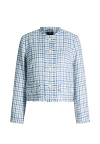 Niebiesko-biała kraciasta tweedowa kurtka z okrągłym dekoltem, zapięciem na guziki z przodu, długimi rękawami i dwoma przednimi kieszeniami z klapkami.