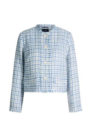 Blue and white checkered tweed jacket with round neck, front buttons, long sleeves, and two front flap pockets.