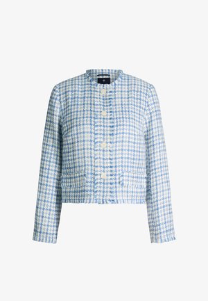 Blue and white checkered tweed jacket with round neck, front buttons, long sleeves, and two front flap pockets.