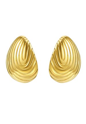 Gold-tone earrings with a teardrop shape featuring layered ridges and a glossy finish. No visible hardware or embellishments.