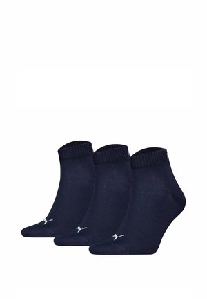 Marineblaue Knöchel-Socken aus weichem Stoff, mit gerippten Bündchen und weißem Logo-Detail an der Seite. Packung mit drei Paar.
