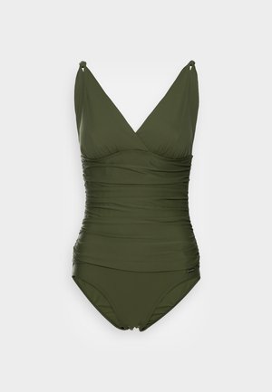 Maillot de bain une pièce vert olive avec un design froncé, décolleté en V et bretelles nouées ajustables. Tissu lisse et extensible pour le confort.