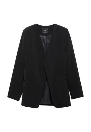 Czarny żakiet z kołnierzykiem z klapami, zapinany na pojedynczy guzik, z dwiema bocznymi kieszeniami i gładką, elegancką fakturą. Wyposażony w podszewkę.