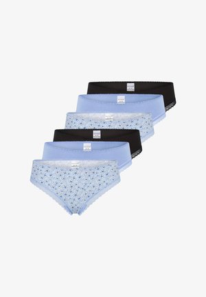 Fünf Damenunterhosen: zwei hellblaue, eine mit blauen Blumen bedruckt, und zwei schwarze. Weiches Baumwollmaterial mit Spitzenbesatz.