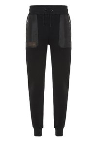 Schwarze Jogginghose mit elastischem Bund und verstellbarem Kordelzug. Verfügt über Satin-Optik-Stoffpaneele an den Taschen und gerippten Bündchen.