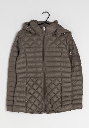 Olive green, quilted puffer jacket with a hood, full zipper, and two zippered pockets. Features a left sleeve pocket with a logo patch.