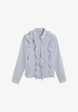 Chemise bleu clair à manches longues avec des rayures verticales, munie d'un plastron à volants et d'un col, fermeture à boutons et manches à poignets.