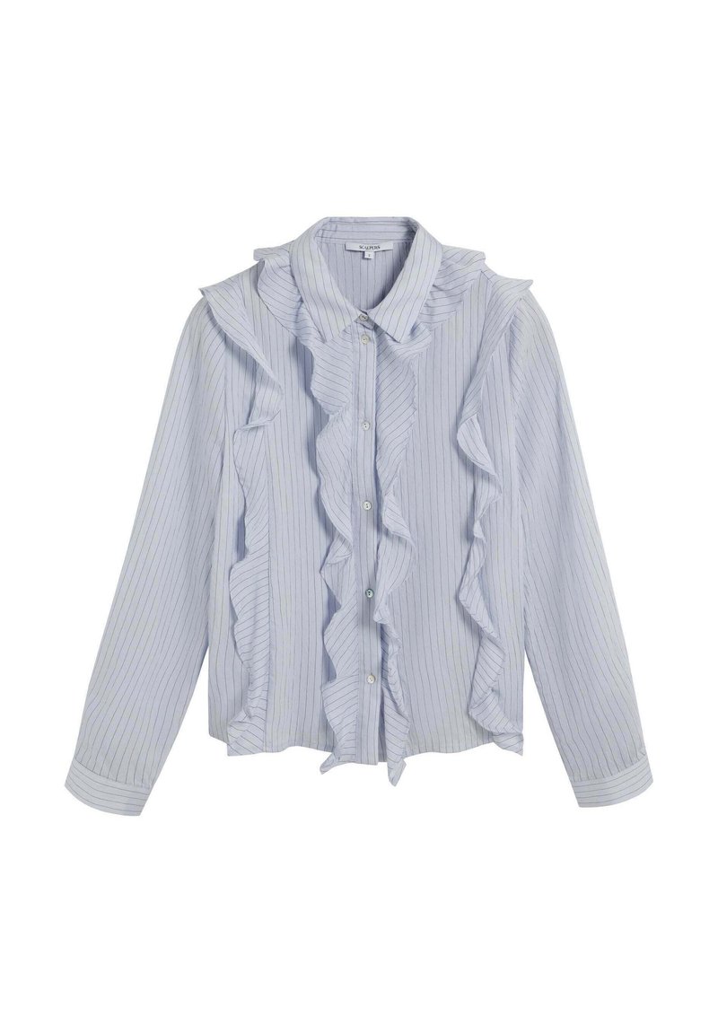 Camisa de manga larga azul claro con rayas verticales, que cuenta con un plisado en el cuello y la tapeta, cierre de botones y mangas de puño.