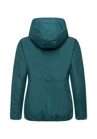 Giacca con cappuccio color teal con orlo e maniche cinte. Il tessuto appare liscio, leggero e leggermente lucido, senza motivi o accenti visibili.