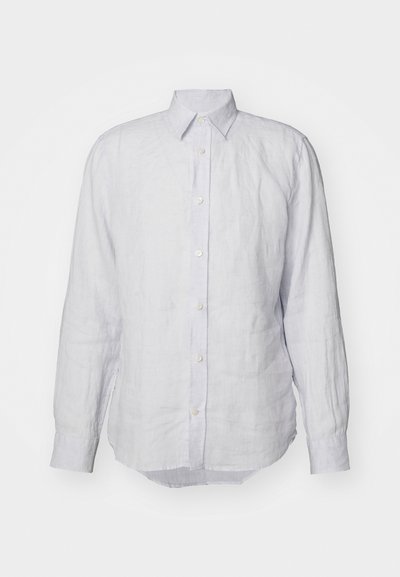 Ljusblå linneskjorta med krage, långa ärmar och rundad nederkant. Har framknäppning med knappar och en strukturerad tygkvalitet.