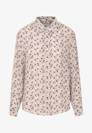 Camisa de manga larga abotonada en color crema con un estampado floral de acentos rojos y azules. Cuenta con un cuello y un corte relajado.