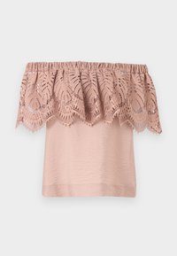 Top scollato in rosa chiaro con un corpino strutturato e un sovrapposto di pizzo che presenta intricate decorazioni a foglia e bordi ondulati.
